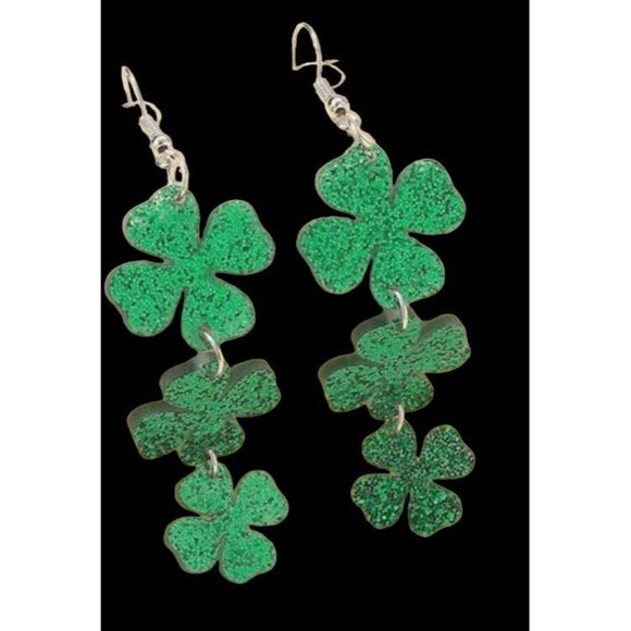 Four Leaf Clover Earrings Green Dangle Hooks New Love St Patrick's Day P… - Picture 3 of 7